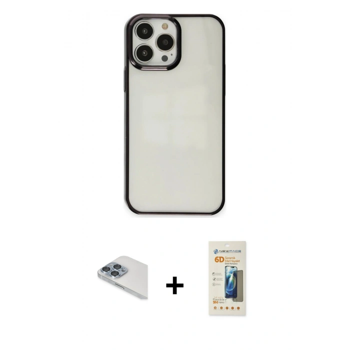 MARSİLYAN™- iPhone 13 Pro Max Kılıf Doruk Doku Prime - Siyah 6D Mat Seramik Hayalet Nano Ekran Koruyucu + Pers Alüminyum Kamera Lens - SABE