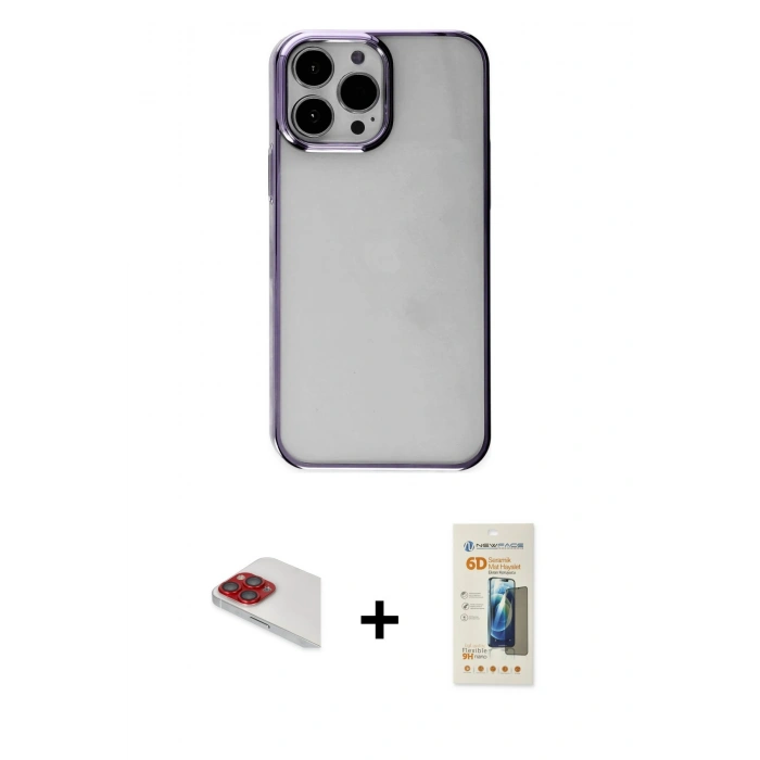 MARSİLYAN™- iPhone 13 Pro Max Kılıf Doruk Doku Prime - Siyah 6D Mat Seramik Hayalet Nano Ekran Koruyucu + Pers Alüminyum Kamera Lens - KI