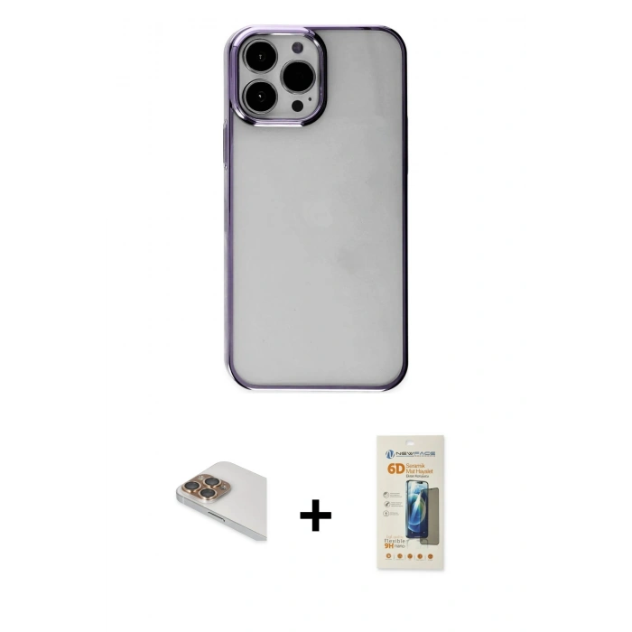 MARSİLYAN™- iPhone 13 Pro Max Kılıf Doruk Doku Prime - Siyah 6D Mat Seramik Hayalet Nano Ekran Koruyucu + Pers Alüminyum Kamera Lens - GD