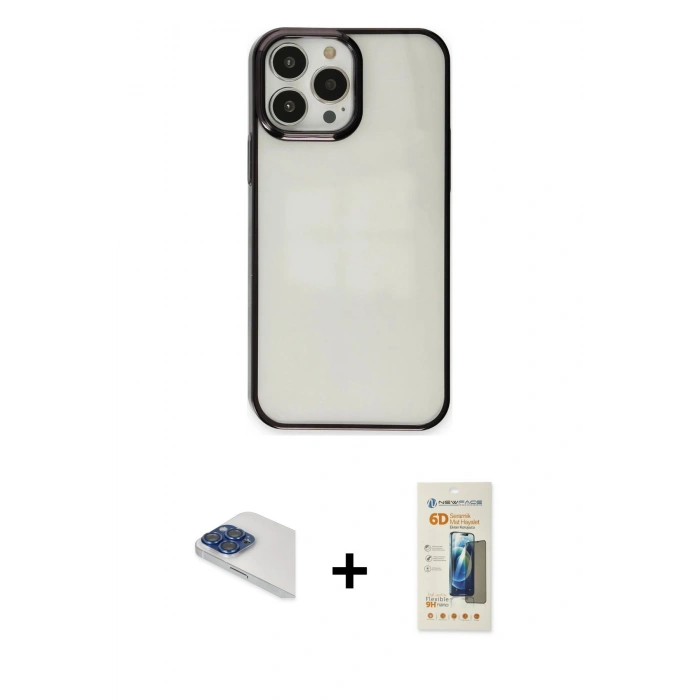 MARSİLYAN™- iPhone 13 Pro Max Kılıf Doruk Doku Prime - Siyah 6D Mat Seramik Hayalet Nano Ekran Koruyucu + Pers Alüminyum Kamera Lens - LT