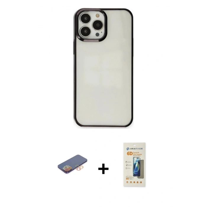 MARSİLYAN™- iPhone 13 Pro Max Kılıf Doruk Doku Prime - Siyah 6D Mat Seramik Hayalet Nano Ekran Koruyucu + Renkli Kamera Lens Koruma Cam - TU