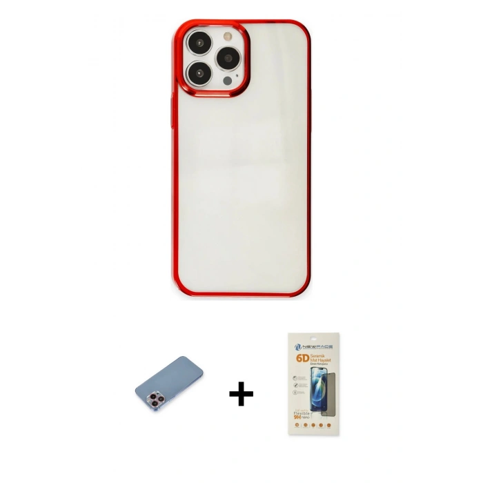 MARSİLYAN™- iPhone 13 Pro Max Kılıf Doruk Doku Prime - Siyah 6D Mat Seramik Hayalet Nano Ekran Koruyucu + Shine Kamera Lens Koruma Cam - PE