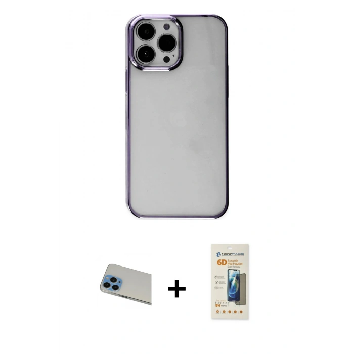 MARSİLYAN™- iPhone 13 Pro Max Kılıf Doruk Doku Prime - Siyah 6D Mat Seramik Hayalet Nano Ekran Koruyucu + Rainbow Kamera Lens Koruma Cam - MI