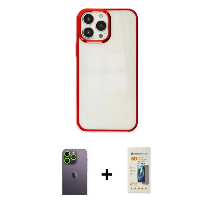 MARSİLYAN™- iPhone 13 Pro Max Kılıf Doruk Doku Prime - Siyah 6D Mat Seramik Hayalet Nano Ekran Koruyucu + Yeşil Neon Fosforlu Kamera Lens