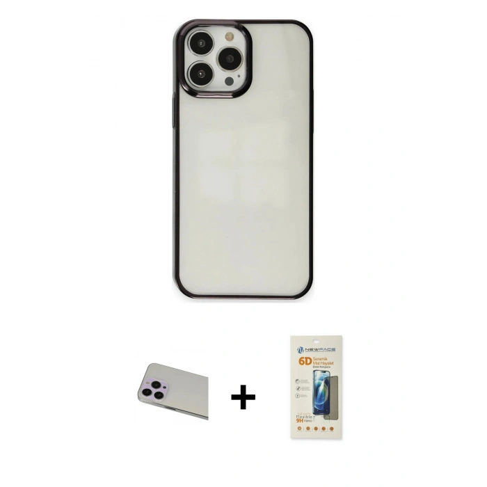 MARSİLYAN™- iPhone 13 Pro Max Kılıf Doruk Doku Prime - Siyah 6D Mat Seramik Hayalet Nano Ekran Koruyucu + Rainbow Kamera Lens Koruma Cam - MR