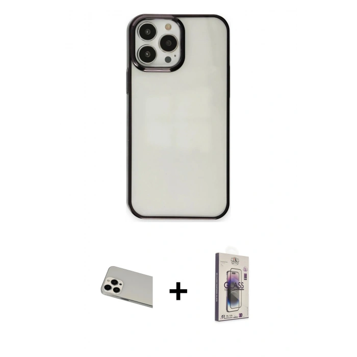 MARSİLYAN™- iPhone 13 Pro Max Kılıf Doruk Doku Prime - Siyah Bilvis 3D Cam Ekran Koruyucu + Rainbow Kamera Lens Koruma Cam - BZ
