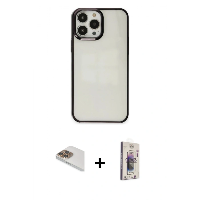 MARSİLYAN™- iPhone 13 Pro Max Kılıf Doruk Doku Prime - Siyah Bilvis 3D Cam Ekran Koruyucu + Pers Alüminyum Kamera Lens - GD