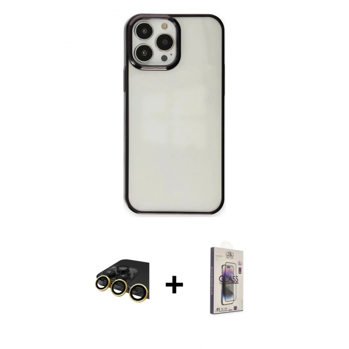 MARSİLYAN™- iPhone 13 Pro Max Kılıf Doruk Doku Prime - Siyah Bilvis 3D Cam Ekran Koruyucu + Raze Metal Kamera Lens - GD