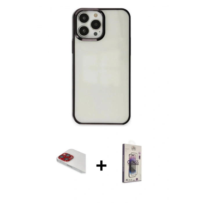 MARSİLYAN™- iPhone 13 Pro Max Kılıf Doruk Doku Prime - Siyah Bilvis 3D Cam Ekran Koruyucu + Pers Alüminyum Kamera Lens - KI