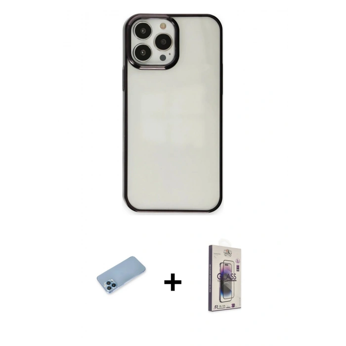 MARSİLYAN™- iPhone 13 Pro Max Kılıf Doruk Doku Prime - Siyah Bilvis 3D Cam Ekran Koruyucu + Shine Kamera Lens Koruma Cam - MI