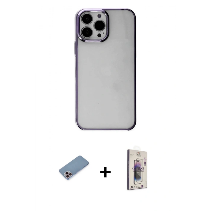 MARSİLYAN™- iPhone 13 Pro Max Kılıf Doruk Doku Prime - Siyah Bilvis 3D Cam Ekran Koruyucu + Pembe Shine Kamera Lens Koruma Cam