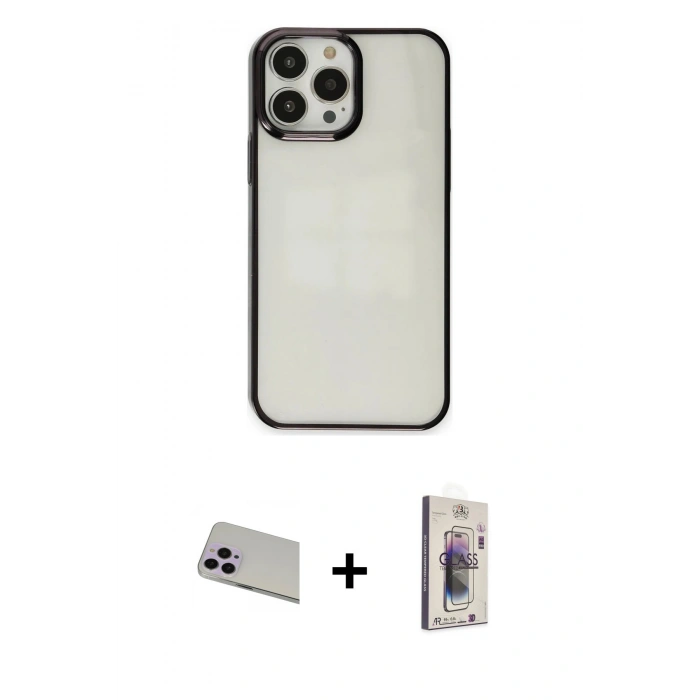 MARSİLYAN™- iPhone 13 Pro Max Kılıf Doruk Doku Prime - Siyah Bilvis 3D Cam Ekran Koruyucu + Rainbow Kamera Lens Koruma Cam - MR