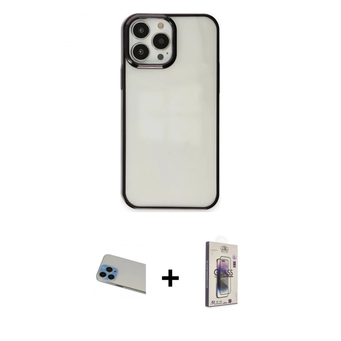 MARSİLYAN™- iPhone 13 Pro Max Kılıf Doruk Doku Prime - Siyah Bilvis 3D Cam Ekran Koruyucu + Rainbow Kamera Lens Koruma Cam - MI