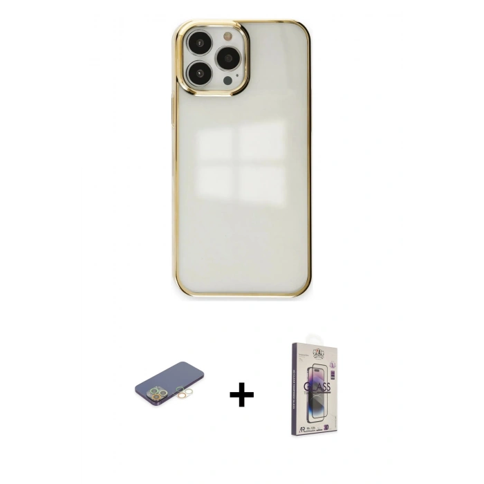 MARSİLYAN™- iPhone 13 Pro Max Kılıf Doruk Doku Prime - Siyah Bilvis 3D Cam Ekran Koruyucu + Renkli Kamera Lens Koruma Cam - SI