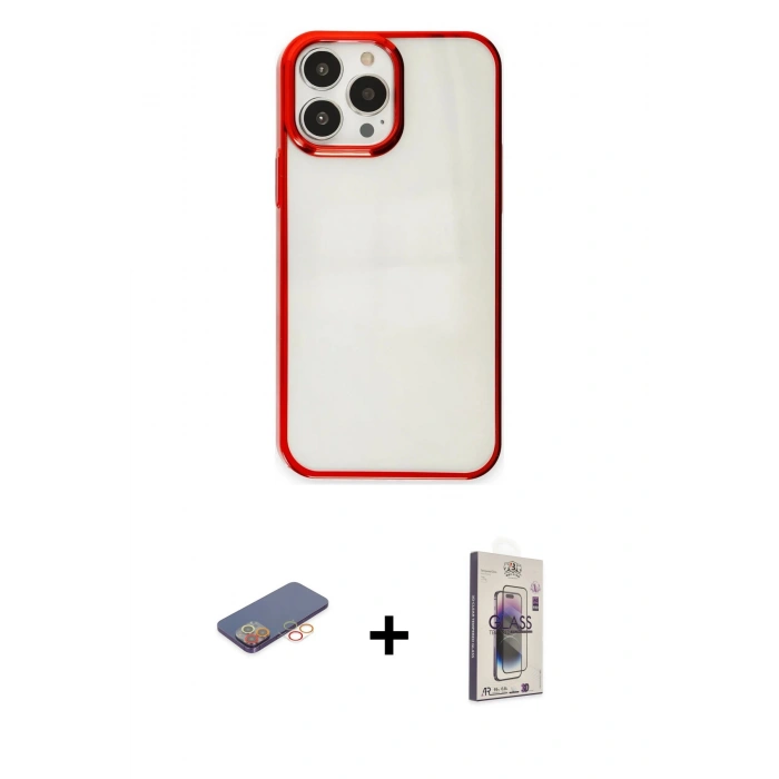 MARSİLYAN™- iPhone 13 Pro Max Kılıf Doruk Doku Prime - Siyah Bilvis 3D Cam Ekran Koruyucu + Turuncu Renkli Kamera Lens Koruma Cam