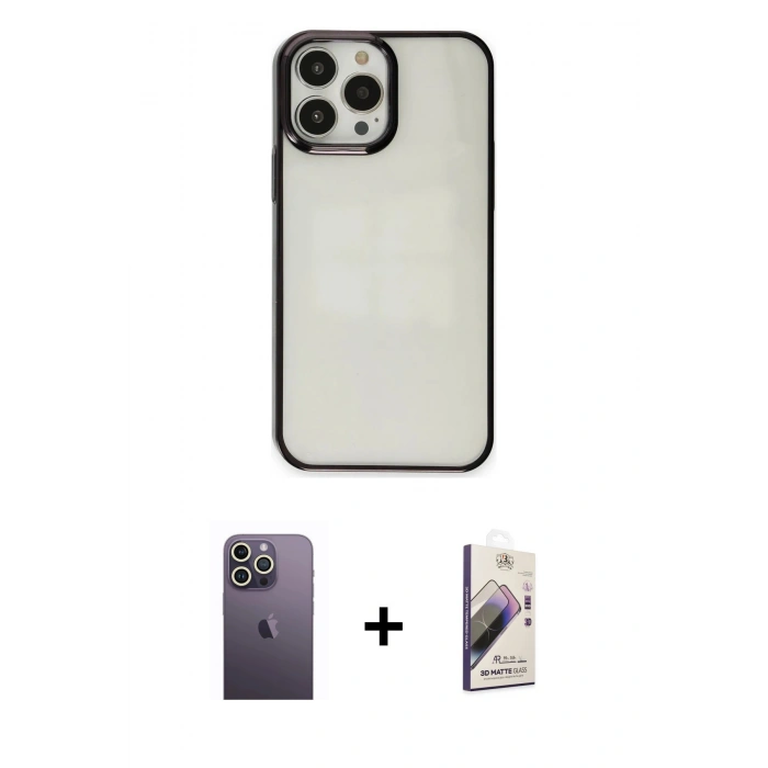 MARSİLYAN™- iPhone 13 Pro Max Kılıf Doruk Doku Prime - Siyah Bilvis 3D Mat Cam Ekran Koruyucu + Neon Fosforlu Kamera Lens - BZ