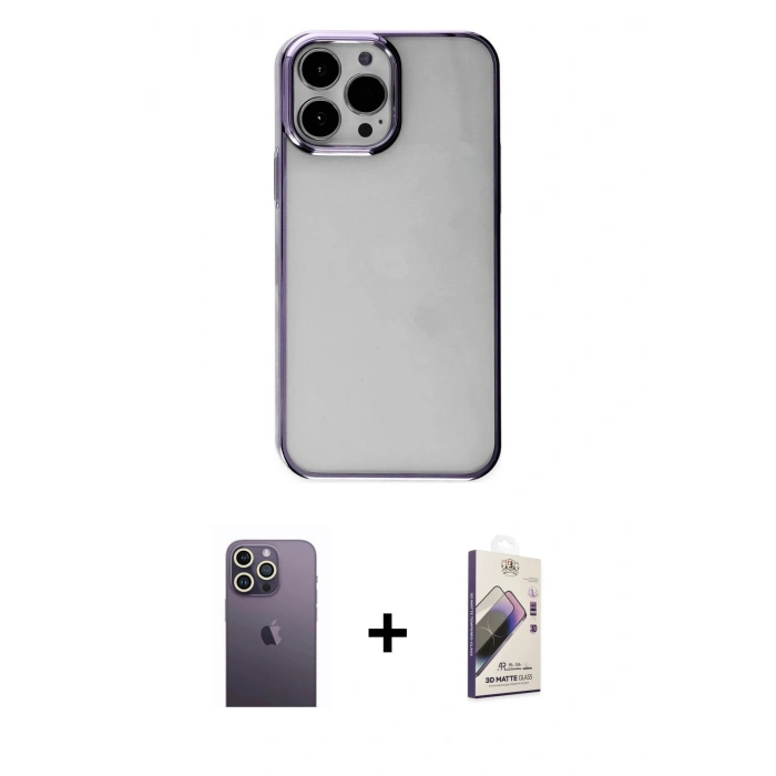 MARSİLYAN™- iPhone 13 Pro Max Kılıf Doruk Doku Prime - Siyah Bilvis 3D Mat Cam Ekran Koruyucu + Neon Fosforlu Kamera Lens - BZ