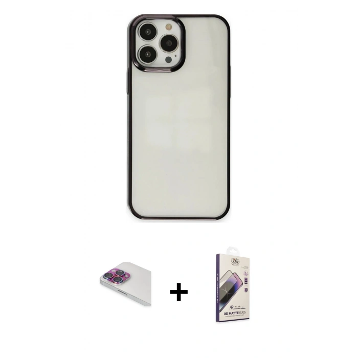 MARSİLYAN™- iPhone 13 Pro Max Kılıf Doruk Doku Prime - Siyah Bilvis 3D Mat Cam Ekran Koruyucu + Pers Alüminyum Kamera Lens - GI