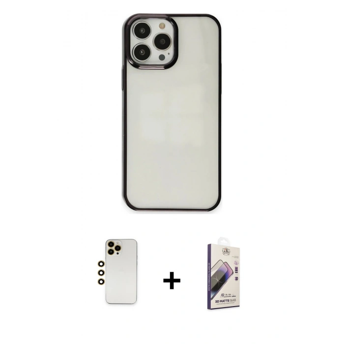 MARSİLYAN™- iPhone 13 Pro Max Kılıf Doruk Doku Prime - Siyah Bilvis 3D Mat Cam Ekran Koruyucu + Shine Kamera Lens - GD