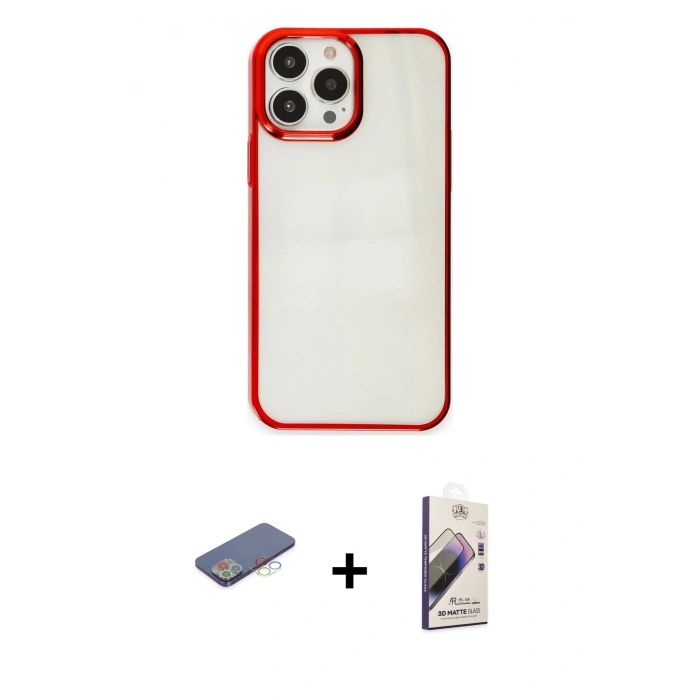 MARSİLYAN™- iPhone 13 Pro Max Kılıf Doruk Doku Prime - Siyah Bilvis 3D Mat Cam Ekran Koruyucu + Renkli Kamera Lens Koruma Cam - MI