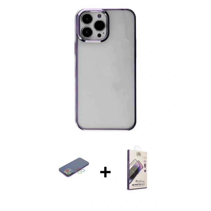 MARSİLYAN™- iPhone 13 Pro Max Kılıf Doruk Doku Prime - Siyah Bilvis 3D Mat Cam Ekran Koruyucu + Renkli Kamera Lens Koruma Cam - MI