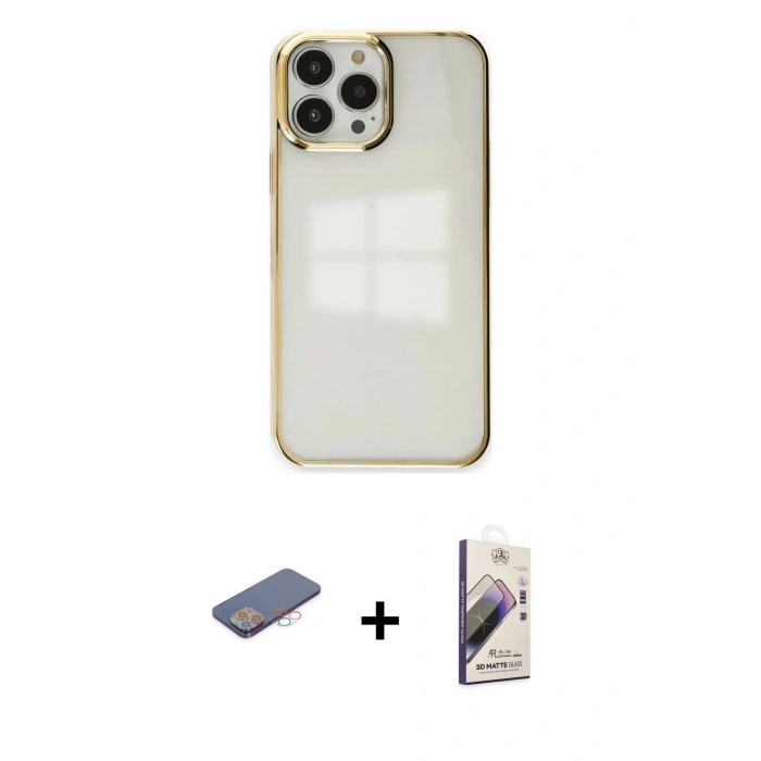 MARSİLYAN™- iPhone 13 Pro Max Kılıf Doruk Doku Prime - Siyah Bilvis 3D Mat Cam Ekran Koruyucu + Renkli Kamera Lens Koruma Cam - PE