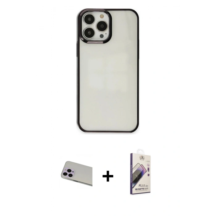 MARSİLYAN™- iPhone 13 Pro Max Kılıf Doruk Doku Prime - Siyah Bilvis 3D Mat Cam Ekran Koruyucu + Rainbow Kamera Lens Koruma Cam - MR