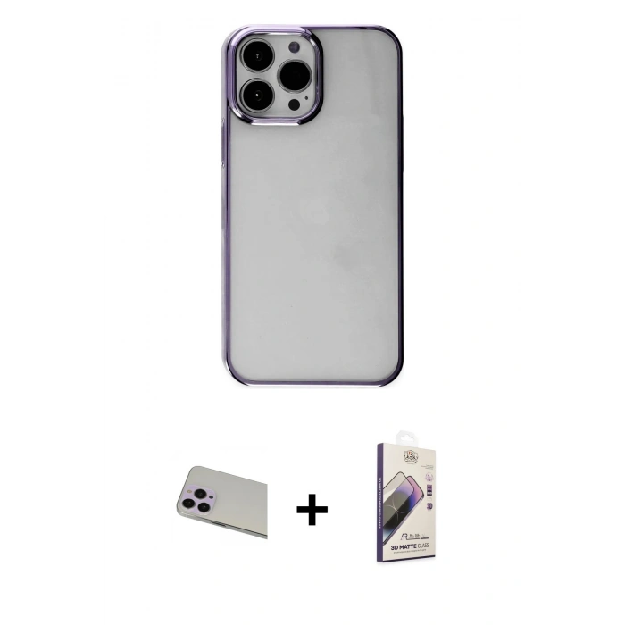 MARSİLYAN™- iPhone 13 Pro Max Kılıf Doruk Doku Prime - Siyah Bilvis 3D Mat Cam Ekran Koruyucu + Rainbow Kamera Lens Koruma Cam - MR