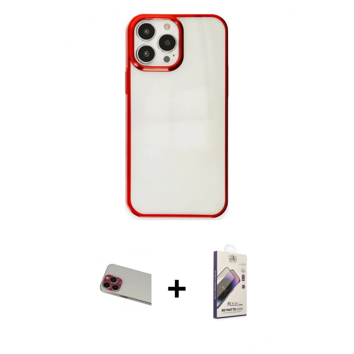 MARSİLYAN™- iPhone 13 Pro Max Kılıf Doruk Doku Prime - Siyah Bilvis 3D Mat Cam Ekran Koruyucu + Rainbow Kamera Lens Koruma Cam - KI