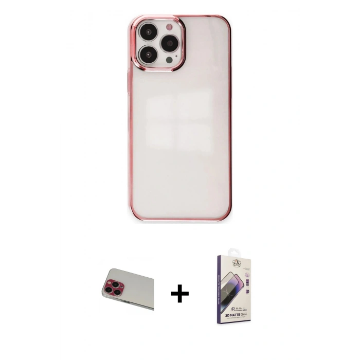 MARSİLYAN™- iPhone 13 Pro Max Kılıf Doruk Doku Prime - Siyah Bilvis 3D Mat Cam Ekran Koruyucu + Rainbow Kamera Lens Koruma Cam - KI