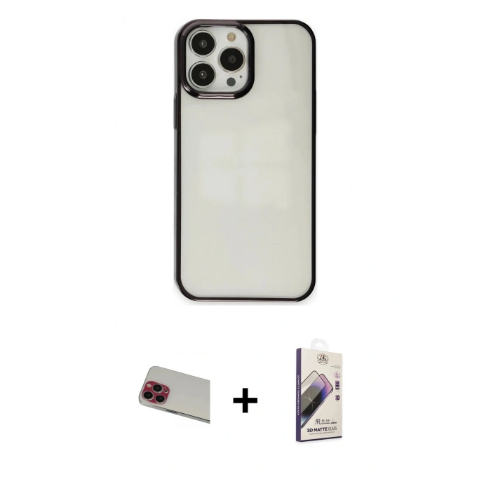 MARSİLYAN™- iPhone 13 Pro Max Kılıf Doruk Doku Prime - Siyah Bilvis 3D Mat Cam Ekran Koruyucu + Rainbow Kamera Lens Koruma Cam - KI