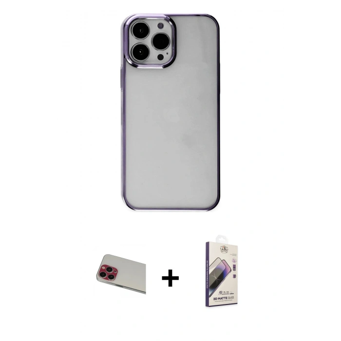MARSİLYAN™- iPhone 13 Pro Max Kılıf Doruk Doku Prime - Siyah Bilvis 3D Mat Cam Ekran Koruyucu + Rainbow Kamera Lens Koruma Cam - KI