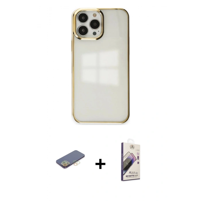 MARSİLYAN™- iPhone 13 Pro Max Kılıf Doruk Doku Prime - Siyah Bilvis 3D Mat Cam Ekran Koruyucu + Renkli Kamera Lens Koruma Cam - SI