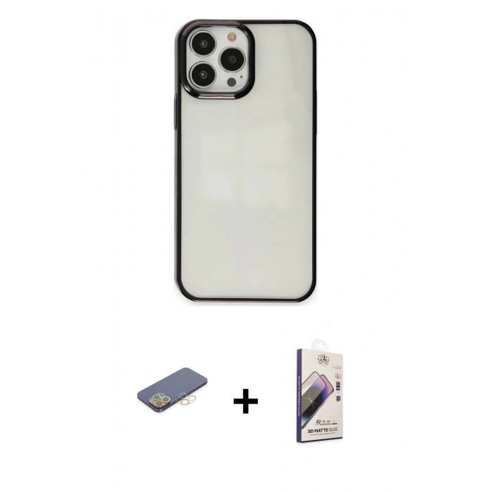MARSİLYAN™- iPhone 13 Pro Max Kılıf Doruk Doku Prime - Siyah Bilvis 3D Mat Cam Ekran Koruyucu + Renkli Kamera Lens Koruma Cam - SI