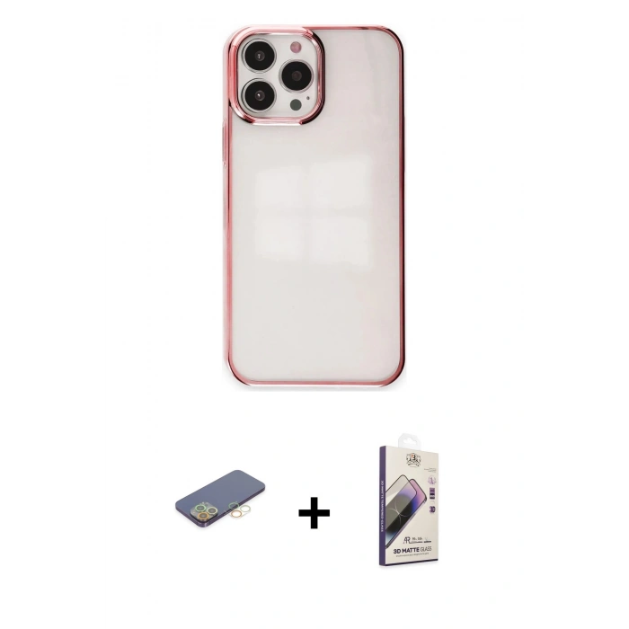 MARSİLYAN™- iPhone 13 Pro Max Kılıf Doruk Doku Prime - Siyah Bilvis 3D Mat Cam Ekran Koruyucu + Renkli Kamera Lens Koruma Cam - SI