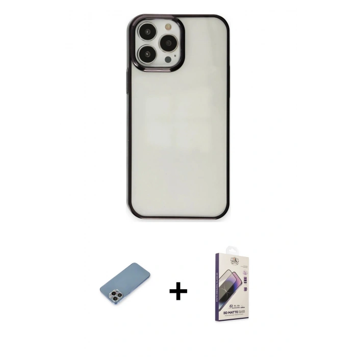 MARSİLYAN™- iPhone 13 Pro Max Kılıf Doruk Doku Prime - Siyah Bilvis 3D Mat Cam Ekran Koruyucu + Shine Kamera Lens Koruma Cam - GI