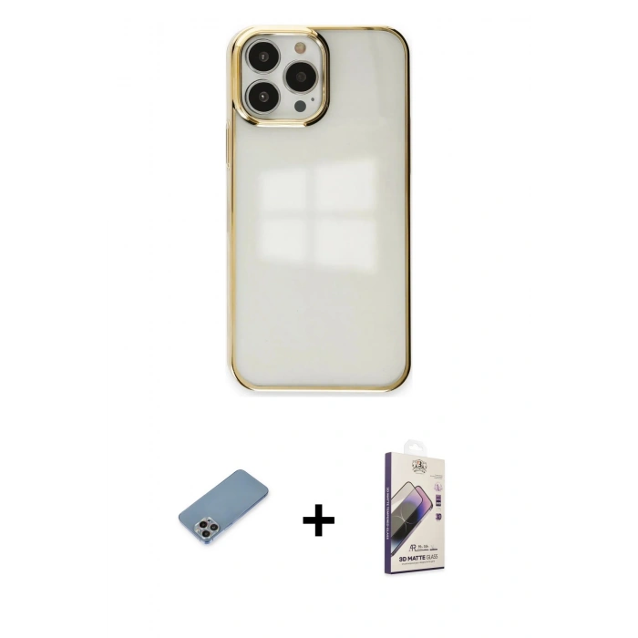 MARSİLYAN™- iPhone 13 Pro Max Kılıf Doruk Doku Prime - Siyah Bilvis 3D Mat Cam Ekran Koruyucu + Shine Kamera Lens Koruma Cam - GI