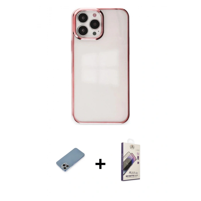 MARSİLYAN™- iPhone 13 Pro Max Kılıf Doruk Doku Prime - Siyah Bilvis 3D Mat Cam Ekran Koruyucu + Shine Kamera Lens Koruma Cam - GI
