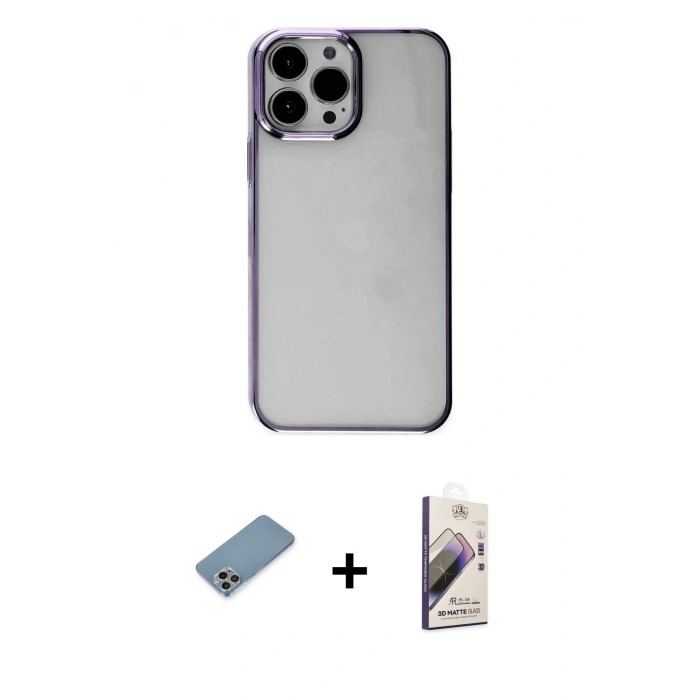 MARSİLYAN™- iPhone 13 Pro Max Kılıf Doruk Doku Prime - Siyah Bilvis 3D Mat Cam Ekran Koruyucu + Shine Kamera Lens Koruma Cam - GI