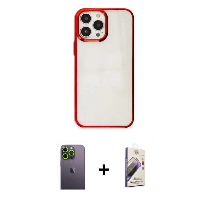 MARSİLYAN™- iPhone 13 Pro Max Kılıf Doruk Doku Prime - Siyah Bilvis 3D Mat Cam Ekran Koruyucu + Neon Fosforlu Kamera Lens - YL