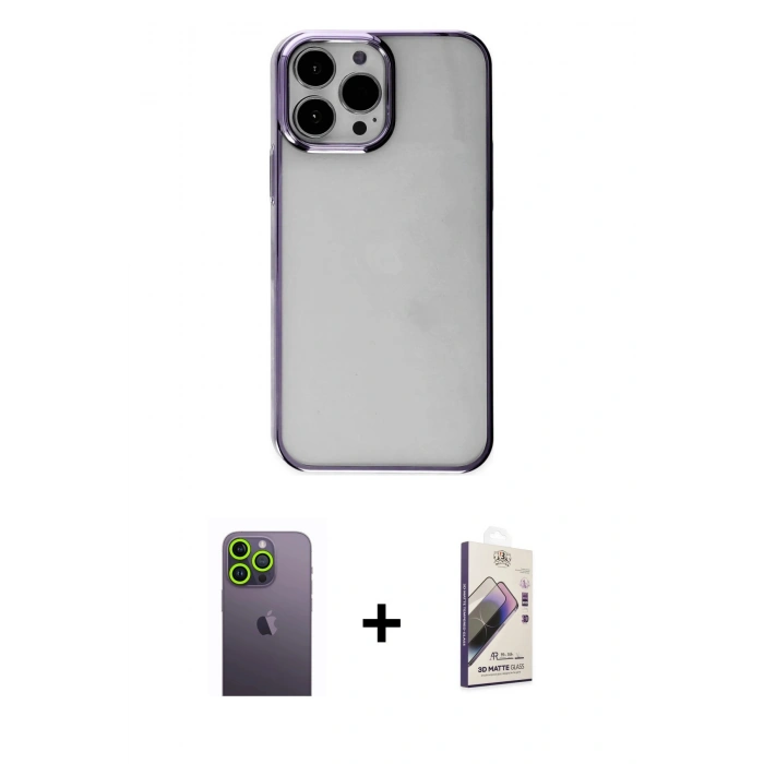MARSİLYAN™- iPhone 13 Pro Max Kılıf Doruk Doku Prime - Siyah Bilvis 3D Mat Cam Ekran Koruyucu + Neon Fosforlu Kamera Lens - YL