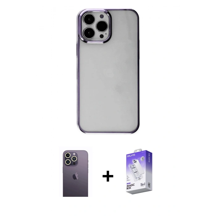 MARSİLYAN™- iPhone 13 Pro Max Kılıf Doruk Doku Prime - Siyah Bilvis 5in1 3D Magic Cam Ekran Koruyucu + Beyaz Neon Fosforlu Kamera Lens