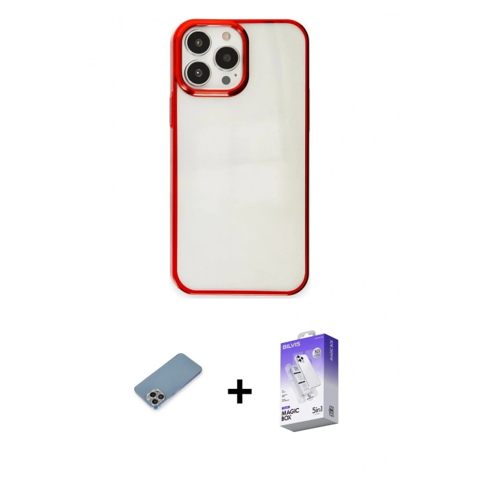MARSİLYAN™- iPhone 13 Pro Max Kılıf Doruk Doku Prime - Siyah Bilvis 5in1 3D Magic Cam Ekran Koruyucu + Shine Kamera Lens Koruma Cam - GI