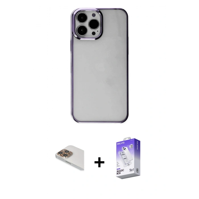 MARSİLYAN™- iPhone 13 Pro Max Kılıf Doruk Doku Prime - Siyah Bilvis 5in1 3D Magic Cam Ekran Koruyucu + Pers Alüminyum Kamera Lens - GD