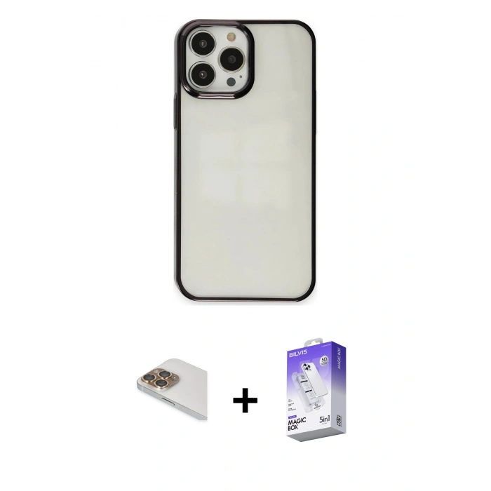 MARSİLYAN™- iPhone 13 Pro Max Kılıf Doruk Doku Prime - Siyah Bilvis 5in1 3D Magic Cam Ekran Koruyucu + Pers Alüminyum Kamera Lens - GD