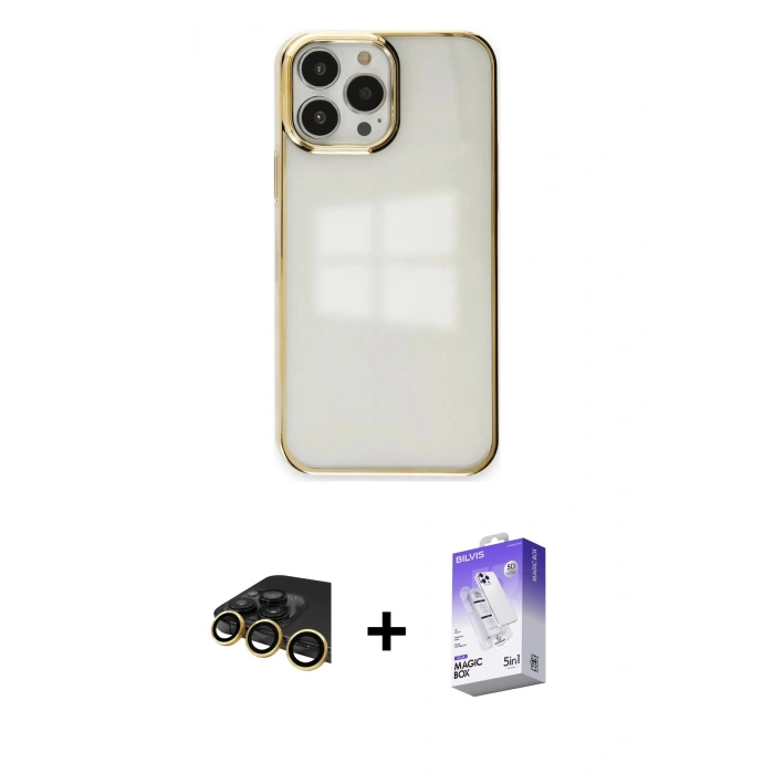 MARSİLYAN™- iPhone 13 Pro Max Kılıf Doruk Doku Prime - Siyah Bilvis 5in1 3D Magic Cam Ekran Koruyucu + Raze Metal Kamera Lens - GD