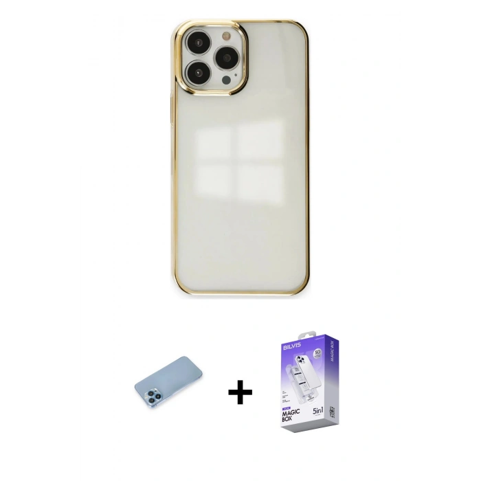 MARSİLYAN™- iPhone 13 Pro Max Kılıf Doruk Doku Prime - Siyah Bilvis 5in1 3D Magic Cam Ekran Koruyucu + Shine Kamera Lens Koruma Cam - MI