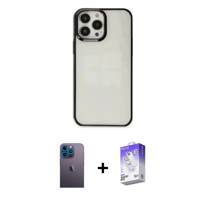 MARSİLYAN™- iPhone 13 Pro Max Kılıf Doruk Doku Prime - Siyah Bilvis 5in1 3D Magic Cam Ekran Koruyucu + Neon Fosforlu Kamera Lens - MI