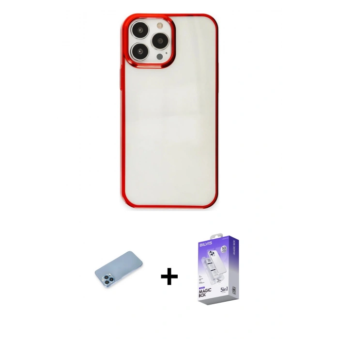 MARSİLYAN™- iPhone 13 Pro Max Kılıf Doruk Doku Prime - Siyah Bilvis 5in1 3D Magic Cam Ekran Koruyucu + Shine Kamera Lens Koruma Cam - MI