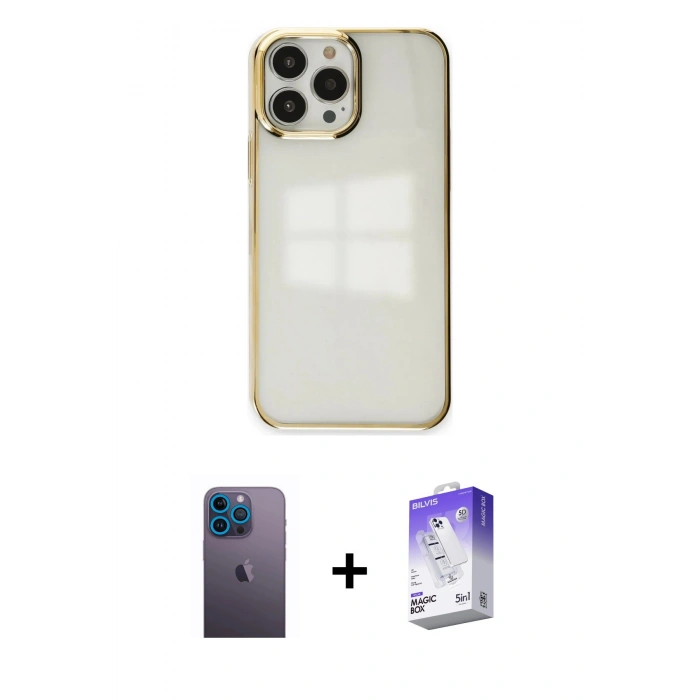 MARSİLYAN™- iPhone 13 Pro Max Kılıf Doruk Doku Prime - Siyah Bilvis 5in1 3D Magic Cam Ekran Koruyucu + Neon Fosforlu Kamera Lens - MI